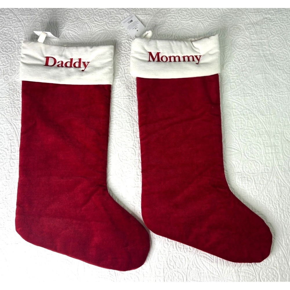 Pottery Barn Extra Large Velour Christmas Stockings Set of 2 Embroidered NEW
